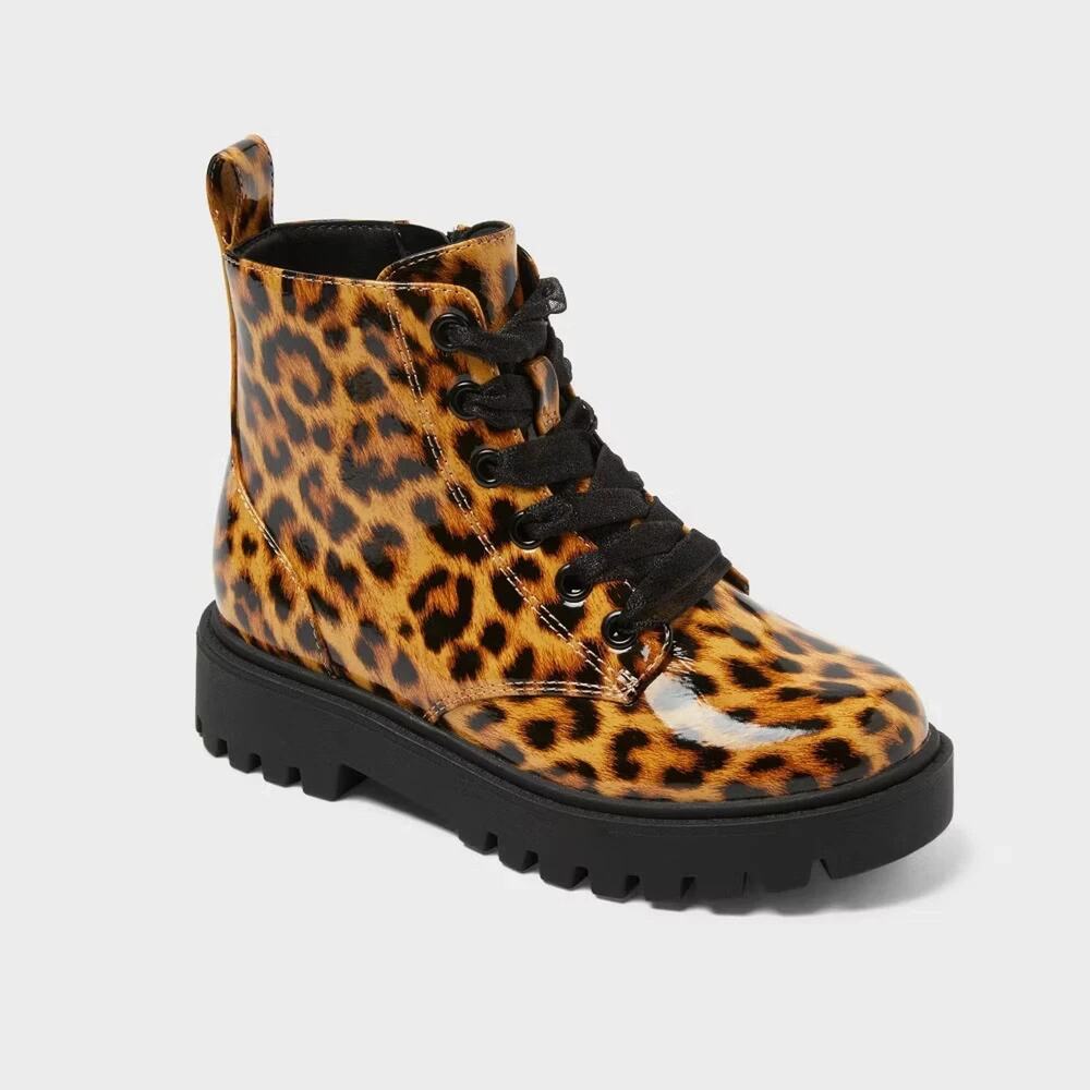 Girls Leopard Print Combat Boots Lug Sole Size 1 Big Kids Art Class Kayden New
